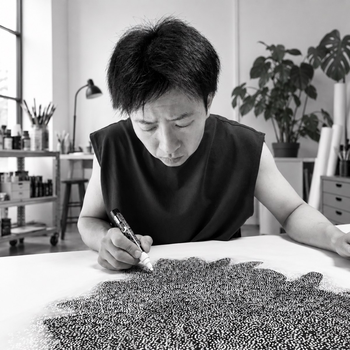 Shota Takagi in his studio, bent close over a large sheet, building a field of dots with a paint marker.