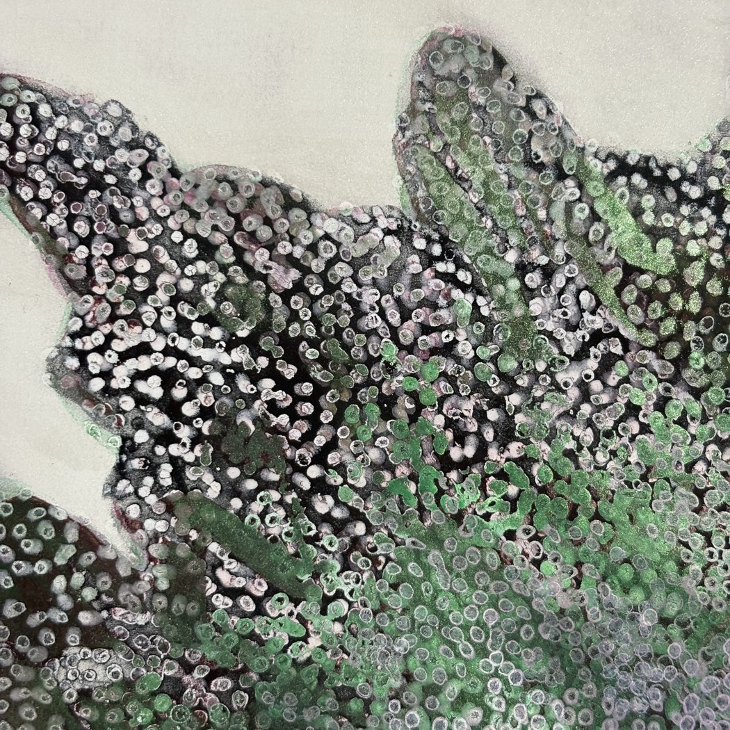 Edge detail of Untitled, where the dotted burst breaks into spikes against the bare pale ground.