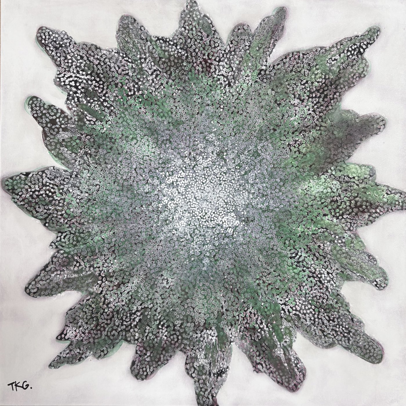 Untitled, 2026 &mdash; the same dot technique in color: a radiating, star-shaped burst of dotted marks in green, silver and plum on a pale ground.
